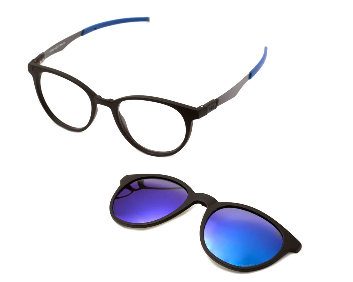 Óculos de Grau HB Duotech 0253 Clip On Matte Black D. Blue Polarized Blue